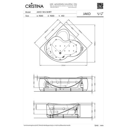 อ่างอาบน้ำวนอัดอากาศเข้ามุม แบบลอยตัว CRISTINA CT-JA150150FWA 150 ซม. สีขาว_2
