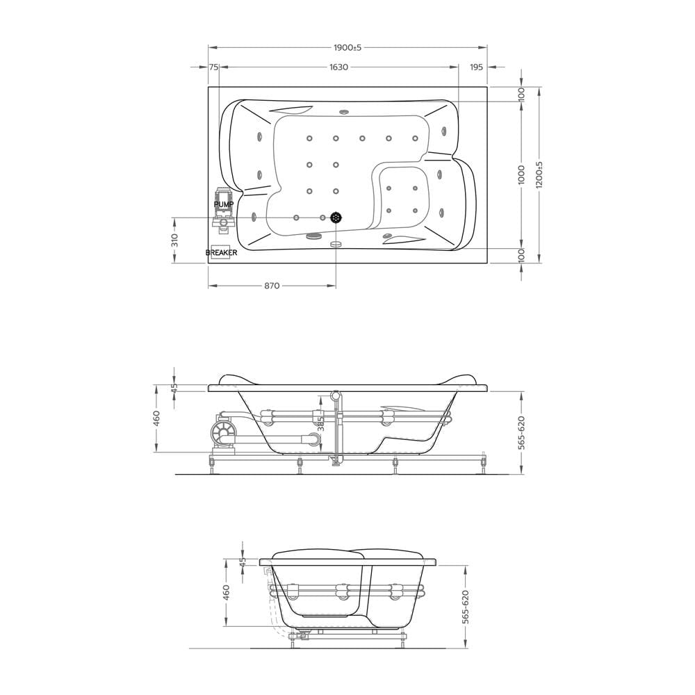 อ่างอาบน้ำวนอัดอากาศ แบบฝัง CRISTINA CT-CV-B190120FWA 190 ซม.