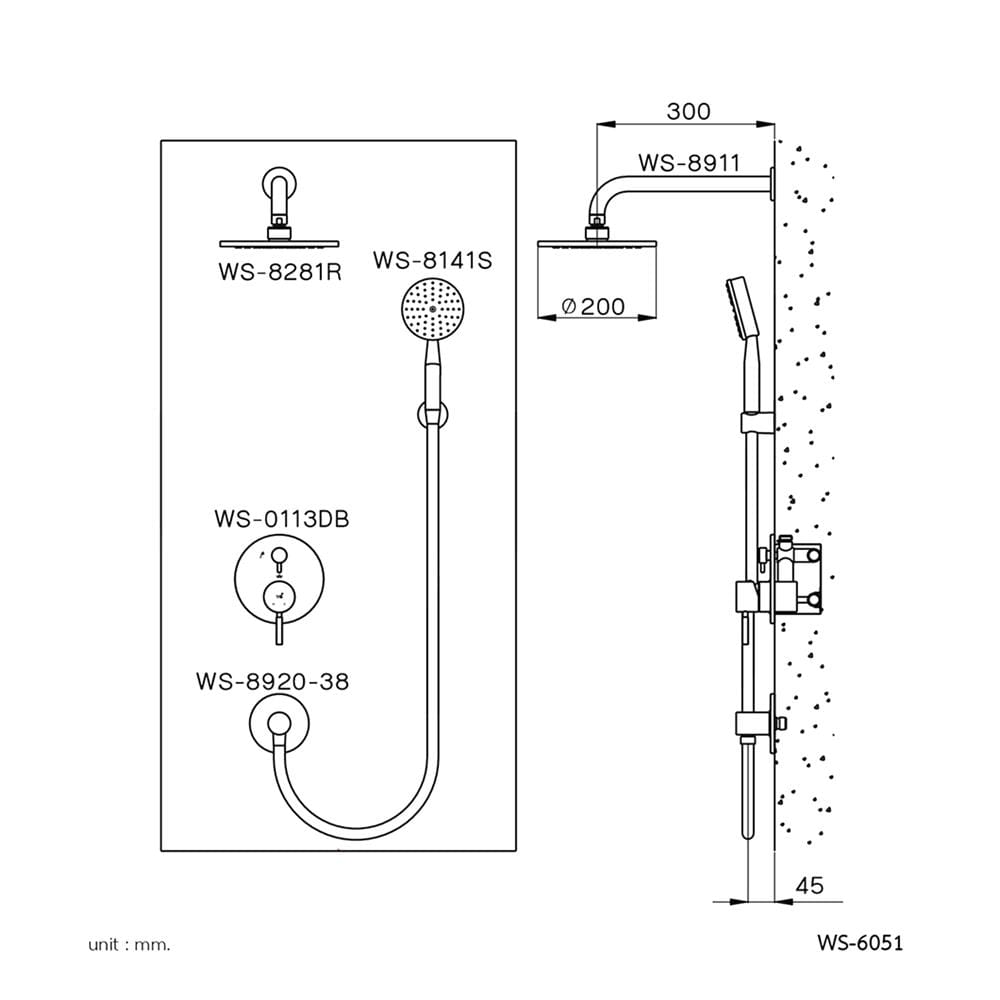ชุดวาล์วฝังกำแพงผสม WS WS-6051 สเตนเลส