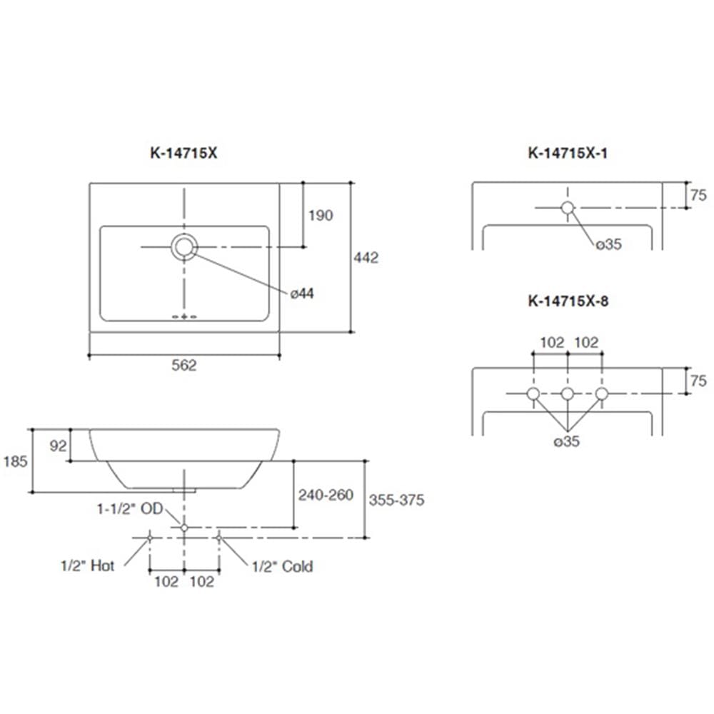 อ่างล้างหน้าฝังครึ่งเคาน์เตอร์ KOHLER K-14715X-1-0 สีขาว