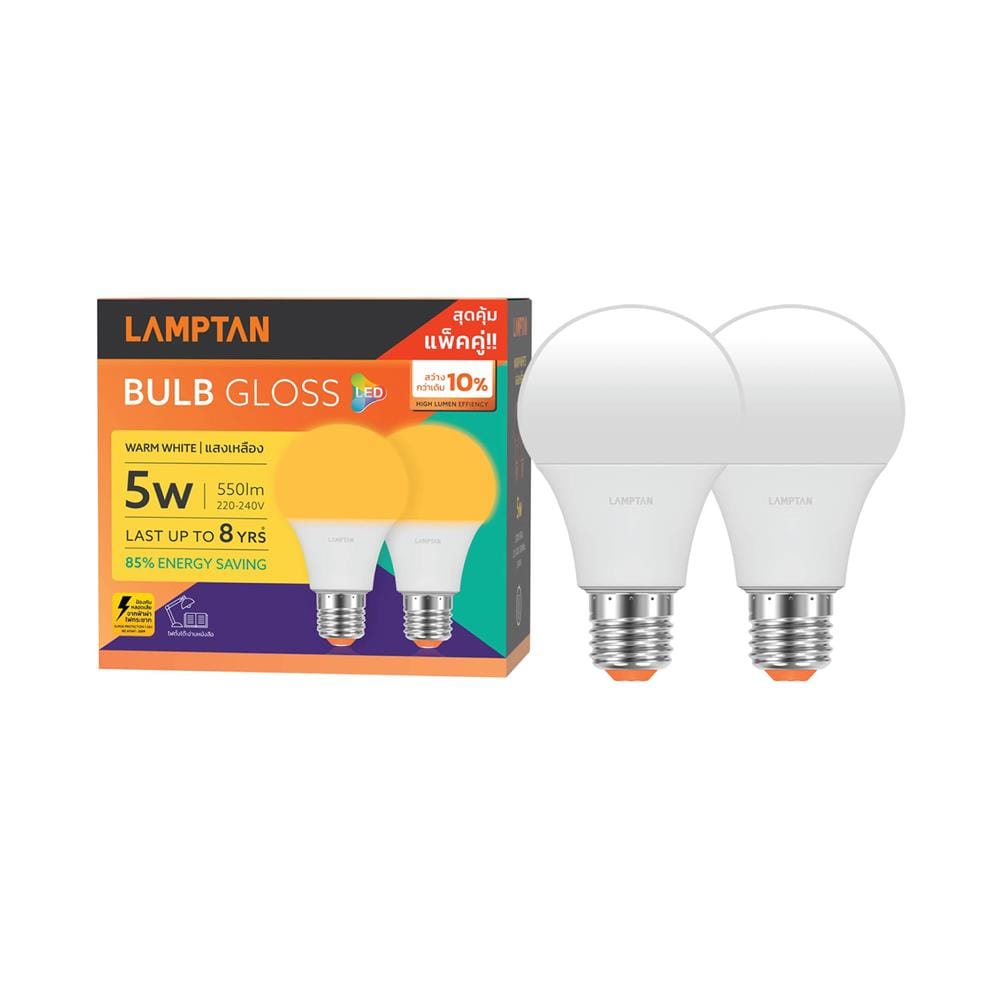 หลอด LED LAMPTAN BULB GLOSS 5 วัตต์ WARM WHITE E27 (แพ็ก 2 ชิ้น)