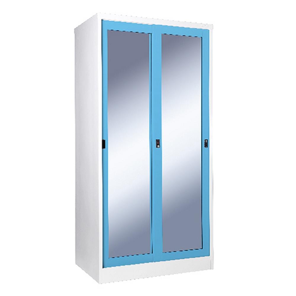 ตู้เสื้อผ้าเหล็กบานเลื่อนกระจกเงา KIOSK SGW-18-2 DG/BO 91.4 ซม. สีฟ้า