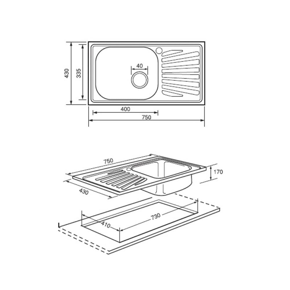 BUILT-IN SINK MEX DL75MN 1B1D STAINLESS STEEL