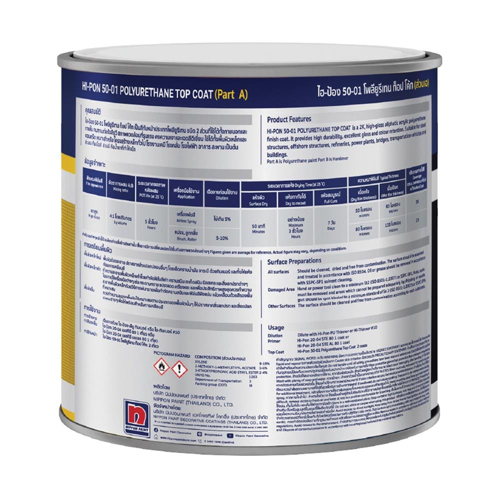 สีงานอุตสาหกรรม NIPPON PAINT HI-PON 50-01 POLYURETHANE TOPCOAT PART A BASE B 4/5 แกลลอน