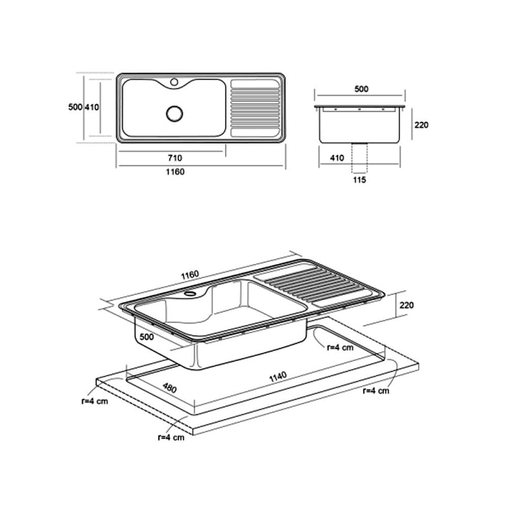 BUILT-IN SINK MEX SUMO3BL 1B1D STAINLESS STEEL