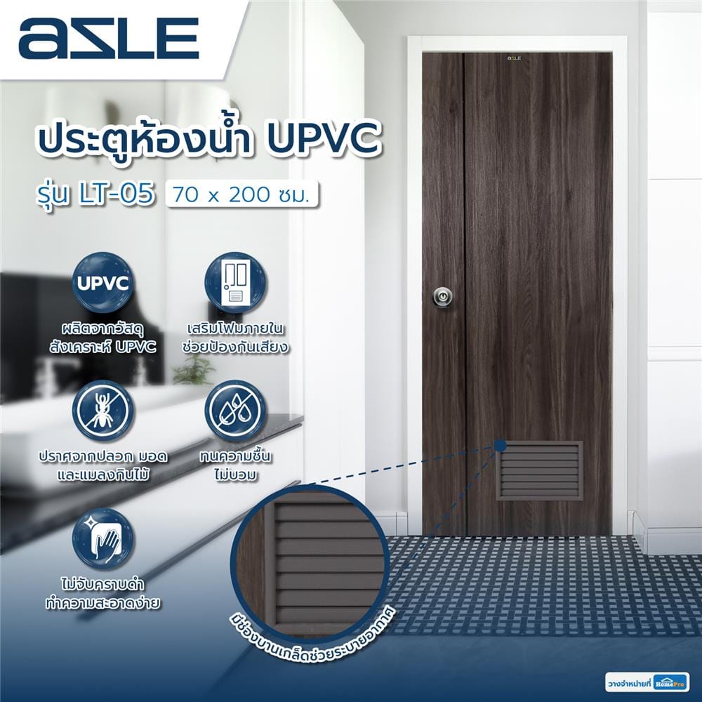 ประตูห้องน้ำ UPVC AZLE LT-05 เกล็ด 70X200 ซม. สี DARK GREY เจาะลูกบิด