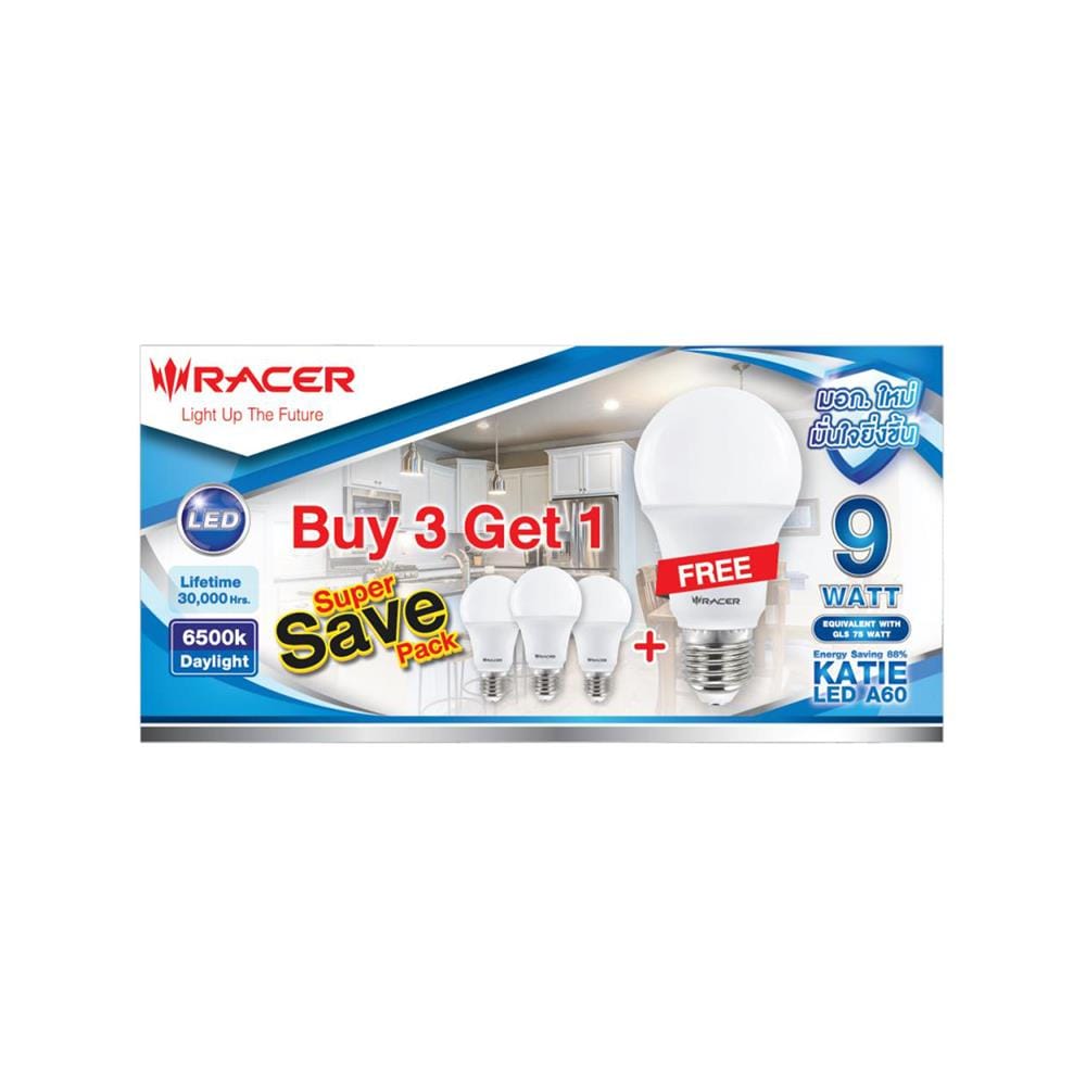 หลอด LED RACER KATIE A60 9 วัตต์ DAYLIGHT E27 (แพ็ก 4 ชิ้น)