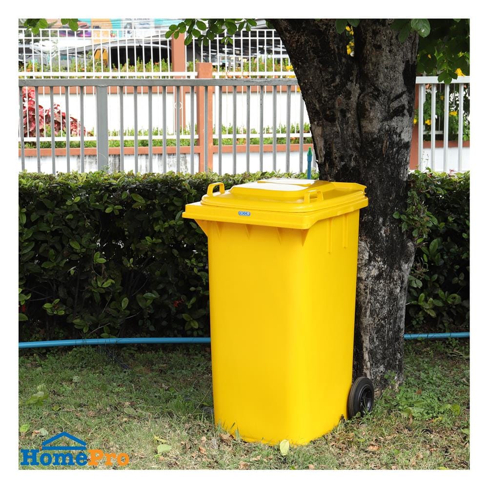 ถังขยะเหลี่ยม ฝาเปิด-ปิด มีล้อ ACCO 240L สีเหลือง