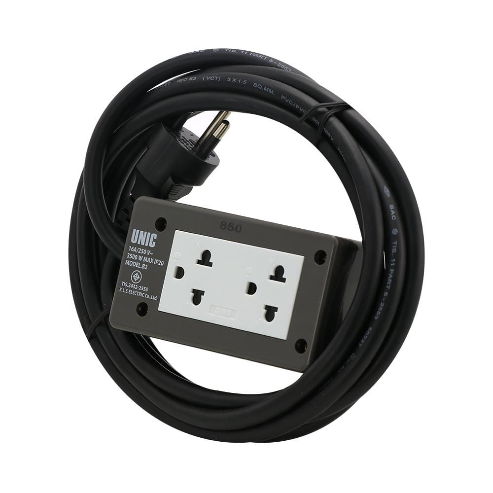 บล็อกยาง 2x4 พร้อมสาย VCT 3x1.5 2 ช่อง UNIC B2-1 3 เมตร สีเทา