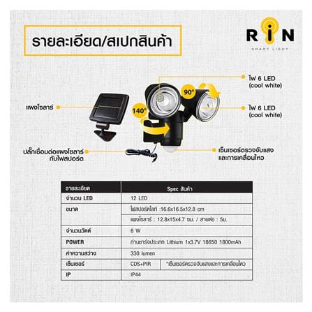ไฟสปอตไลท์ SOLAR RIN 216101204 6 วัตต์ สีดำ_2