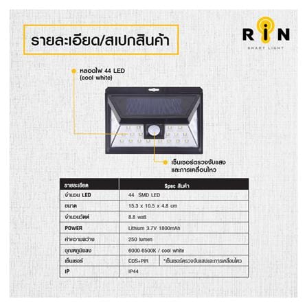 ไฟผนังภายนอก SOLAR RIN 216124401 8.8 วัตต์ COOL WHITE สีดำ_3