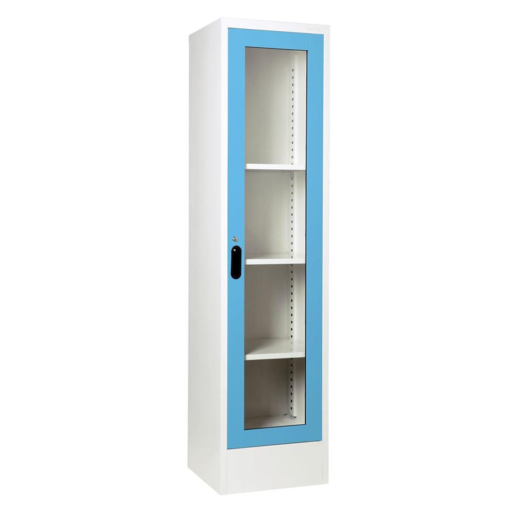 ตู้เหล็กสูงบานเปิดกระจก KIOSK LT-004 สีขาว/สีฟ้า