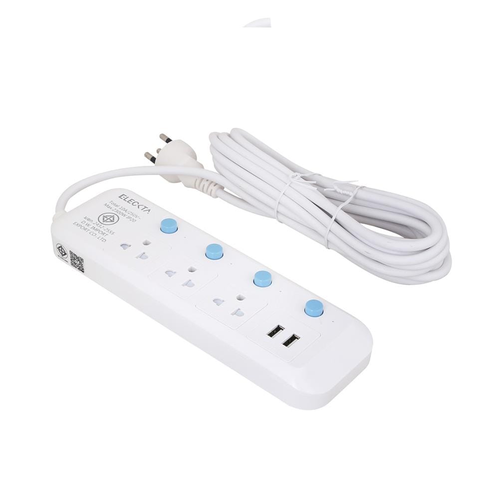 รางปลั๊กไฟ 3 ช่อง 4 สวิตช์ 2 USB ELECKTA 814UELEK 5 ม.