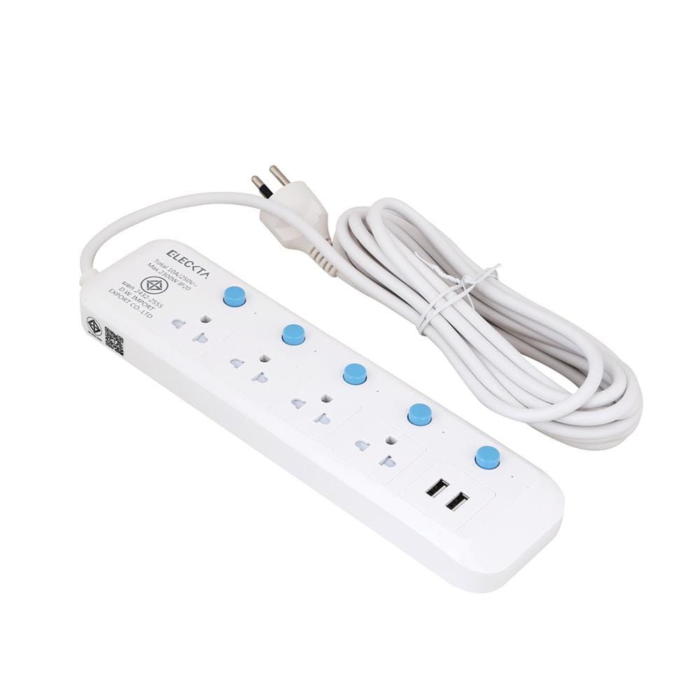 รางปลั๊กไฟ 4 ช่อง 5 สวิตช์ 2 USB ELECKTA 815UELEK 5 ม.