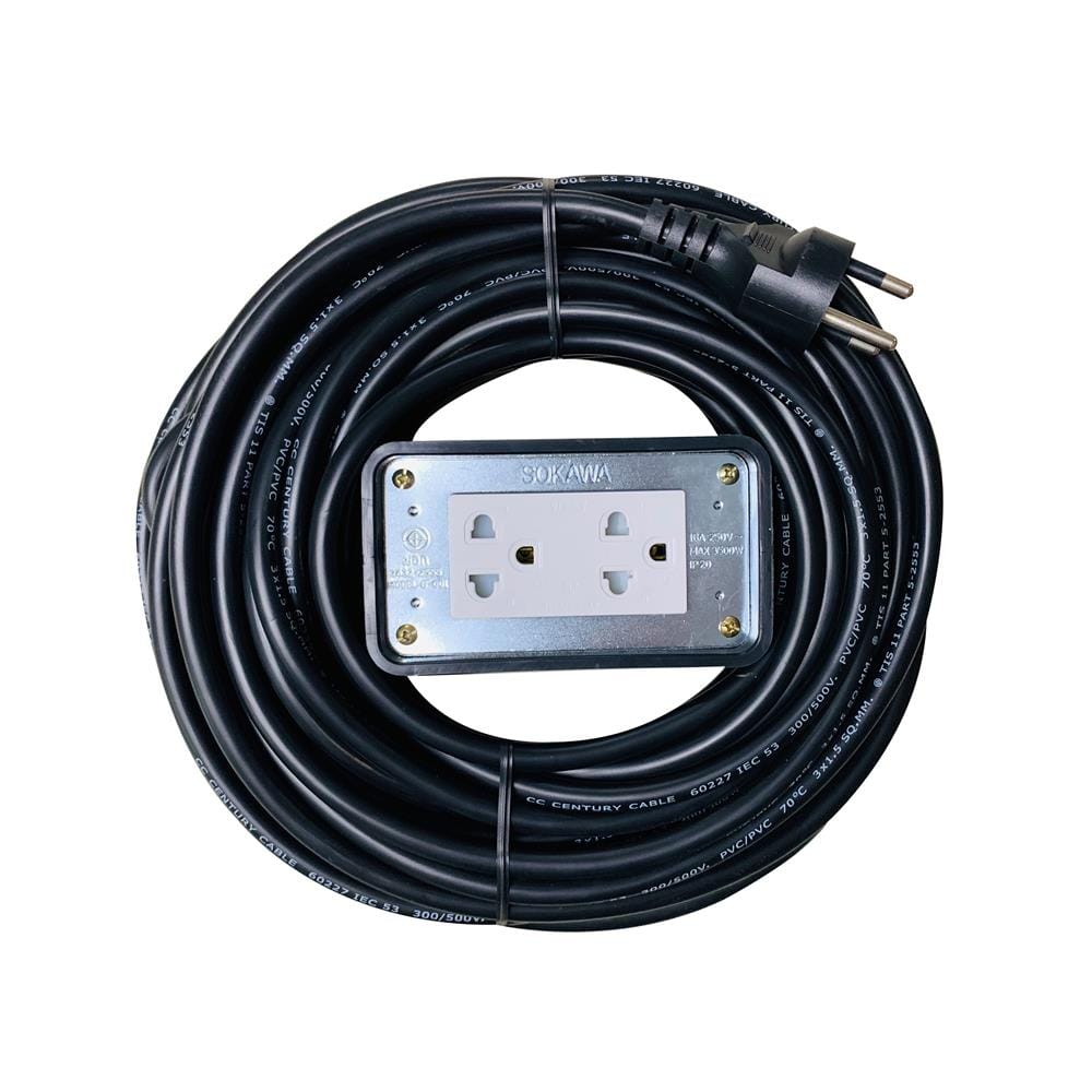 บล็อกยาง 2x4 พร้อมสาย VCT 3x1.5 2ช่อง SOKAWA 20 เมตร สีดำ