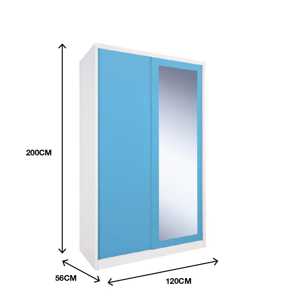 ตู้เสื้อผ้าเหล็กบานเลื่อนผสมกระจกเงา KIOSK BW-02 120 ซม. สีขาว/สีฟ้า