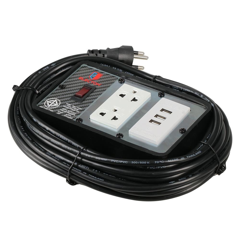 บล็อกยาง 4x4 พร้อมสาย VCT3x1 2 ช่อง 3 USB ELECTON ERB10-USB4310 10 เมตร สีสีดำ