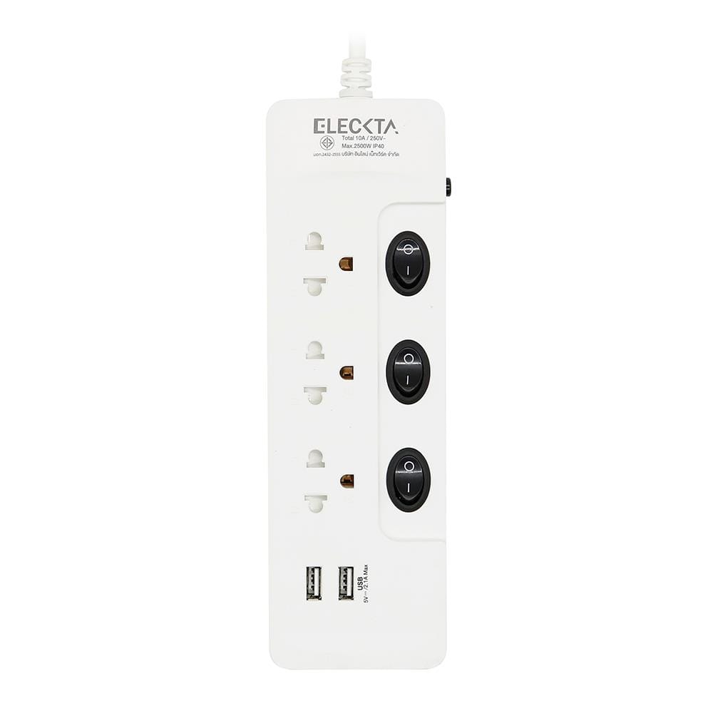 รางปลั๊กไฟ 3 ช่อง 3 สวิตช์ 2 USB ELECKTA ET332U3M-BK 3 ม.