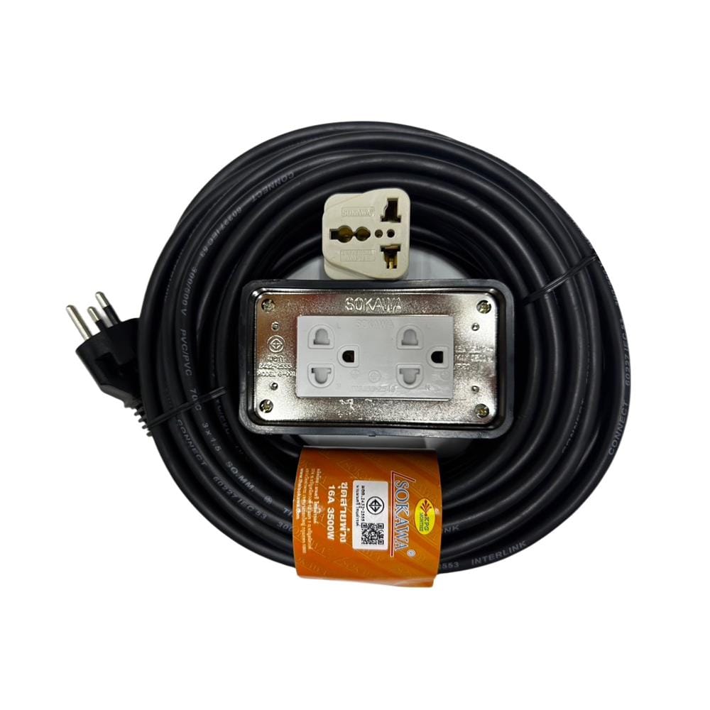 บล็อกยาง 2X4 พร้อมสาย VCT 3X1.5 2 ช่อง SOKAWA 10 เมตร สีดำ