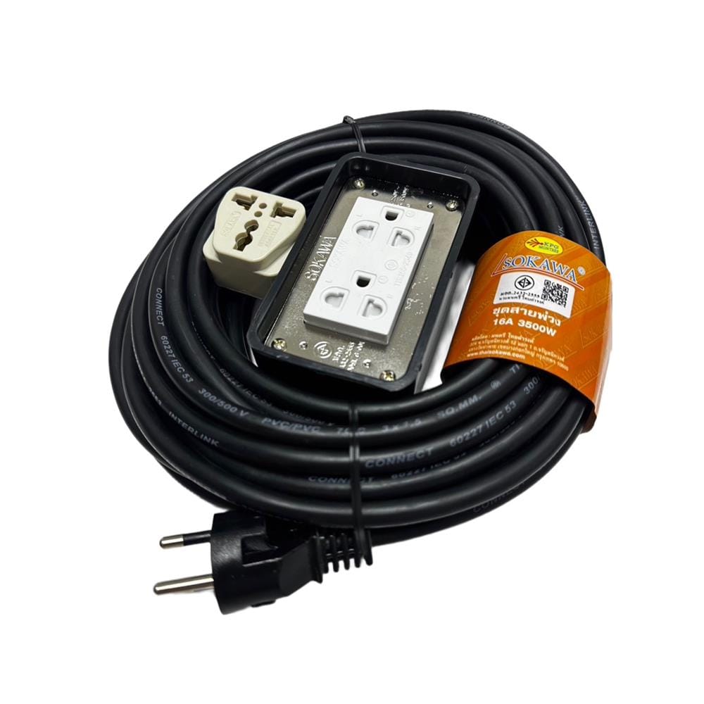 บล็อกยาง 2X4 พร้อมสาย VCT 3X1.5 2 ช่อง SOKAWA 10 เมตร สีดำ