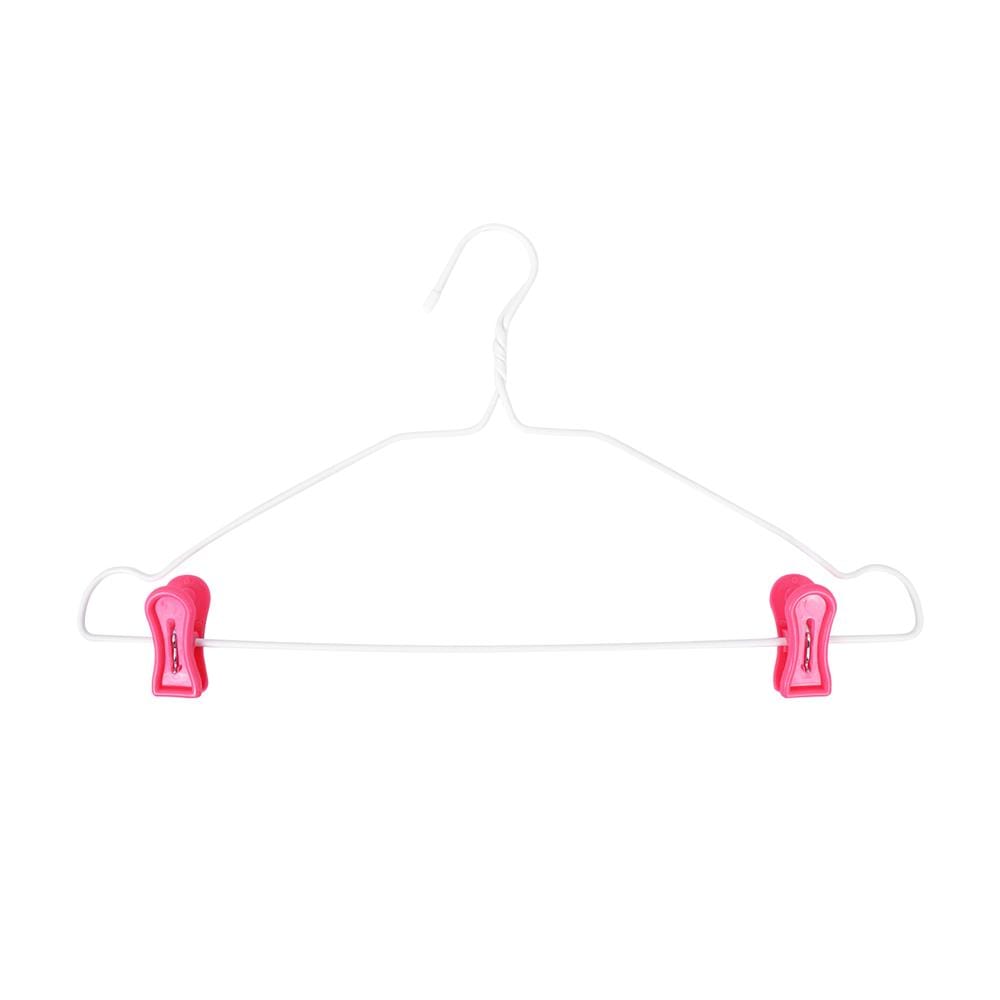 ไม้แขวนเสื้อลวดเคลือบมีตัวหนีบ มีบ่า อ.โรจน์รุ่ง สีชมพู แพ็ก 6 ชิ้น