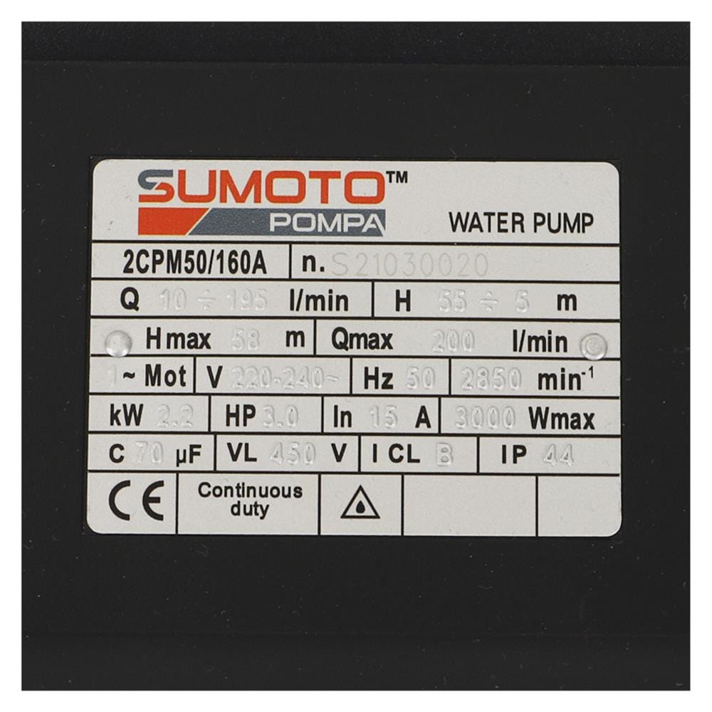 ปั๊มหอยโข่ง SUMOTO POMPA ใบพัดคู่ 2CPM50/160A 3 แรงม้า