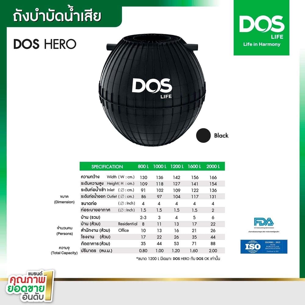ถังบำบัดน้ำเสีย DOS HERO 800 ลิตร สีดำ