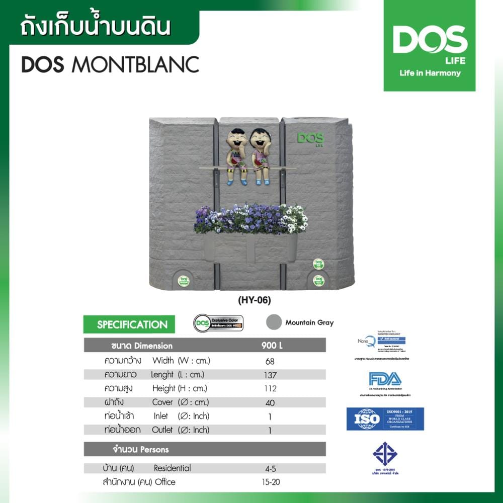 ถังเก็บน้ำ DOS MONTBLCANC NANO 900 ลิตร สี MOUNTAIN GREY