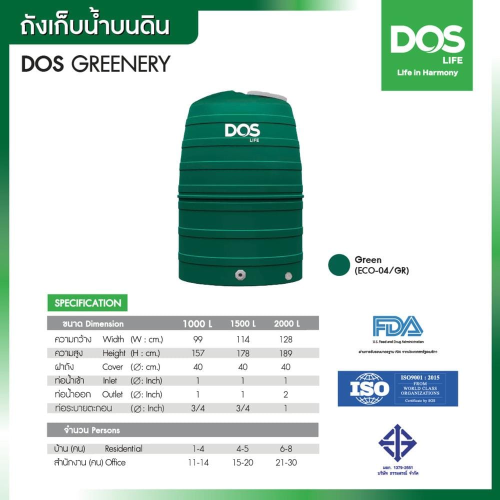 ถังเก็บน้ำ DOS GREENERY 2000 ลิตร สีเขียว
