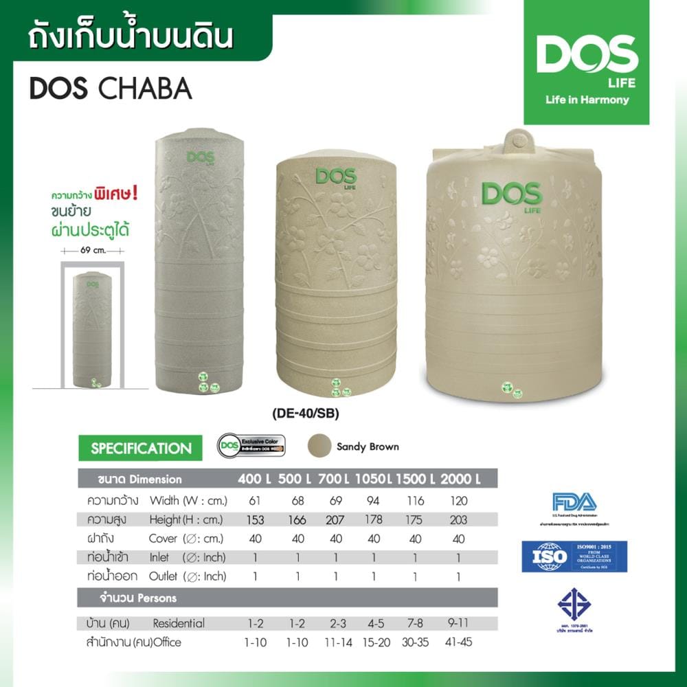 ถังเก็บน้ำ DOS CHABA 500 ลิตร สี SANDY BROWN