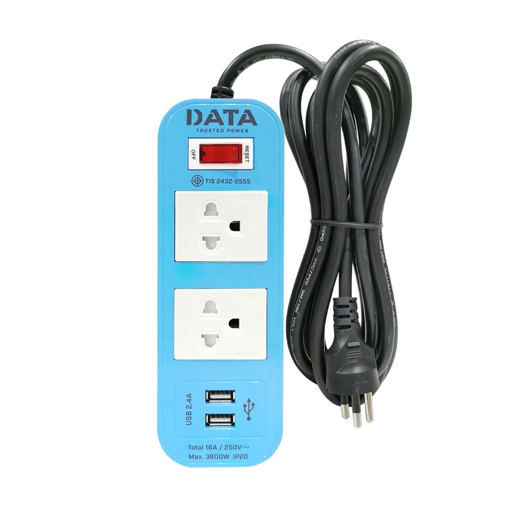 รางปลั๊กไฟ 2 ช่อง 1 สวิตช์ 2 USB DATA WL124-B 2 ม. สีฟ้า