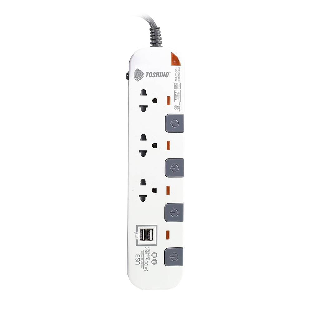 รางปลั๊กไฟ 3 ช่อง 4 สวิตซ์ 2 USB TOSHINO P3375USB WG 5 ม. สีขาว-เทา
