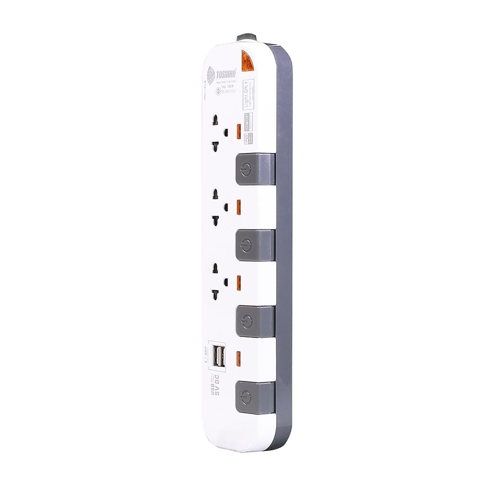 รางปลั๊กไฟ 3 ช่อง 4 สวิตซ์ 2 USB TOSHINO P3375USB WG 5 ม. สีขาว-เทา