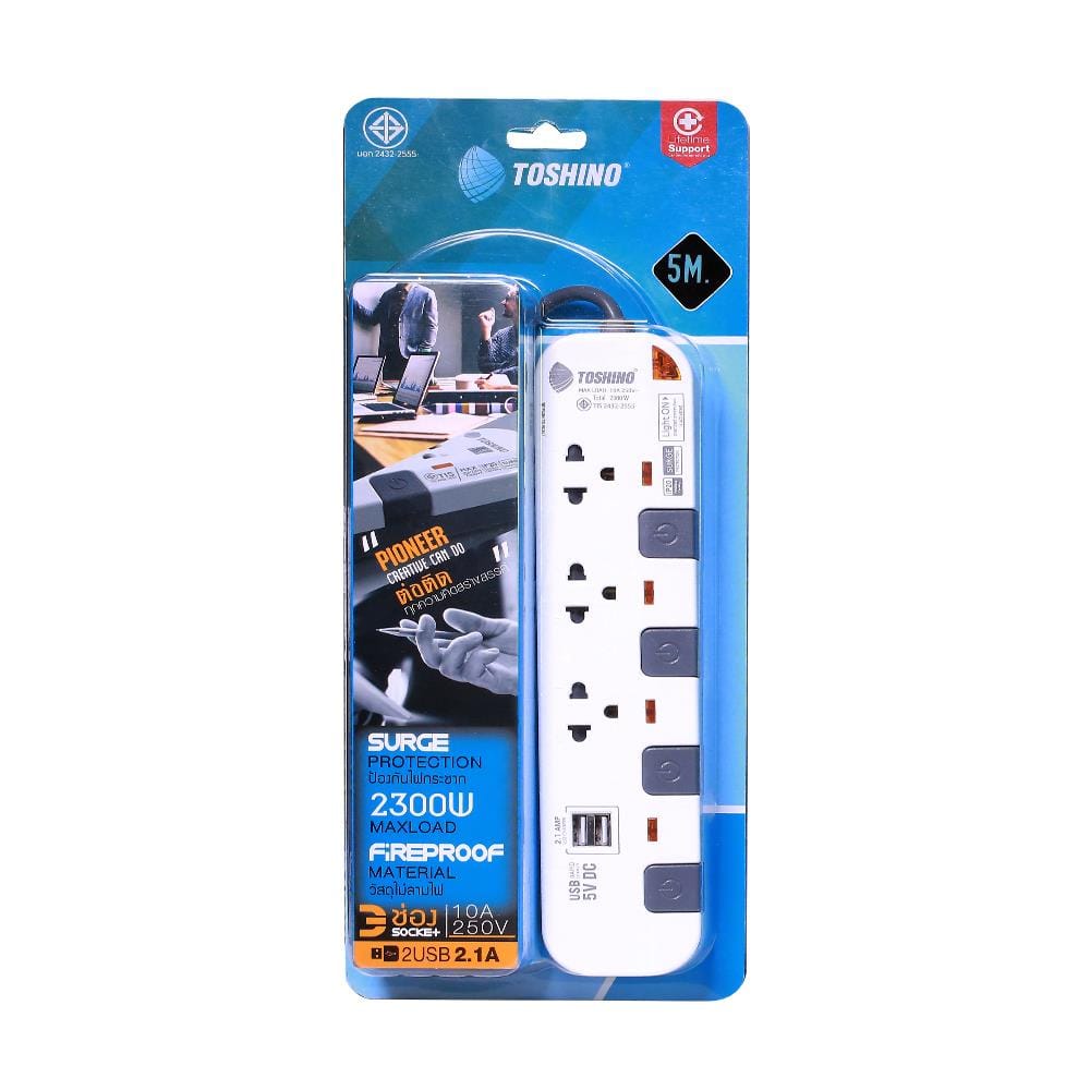 รางปลั๊กไฟ 3 ช่อง 4 สวิตซ์ 2 USB TOSHINO P3375USB WG 5 ม. สีขาว-เทา