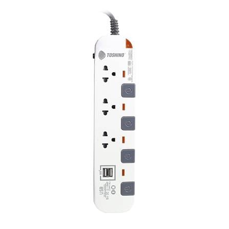 รางปลั๊กไฟ 3 ช่อง 4 สวิตซ์ 2 USB TOSHINO P3375USB WG 5 ม. สีขาว-เทา_0