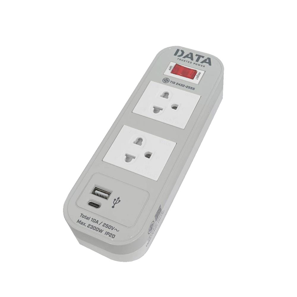 รางปลั๊กไฟ 2 ช่อง 1 สวิตช์ 1 USB 1TYPE-C DATA WL124 16A 2M สีเทา