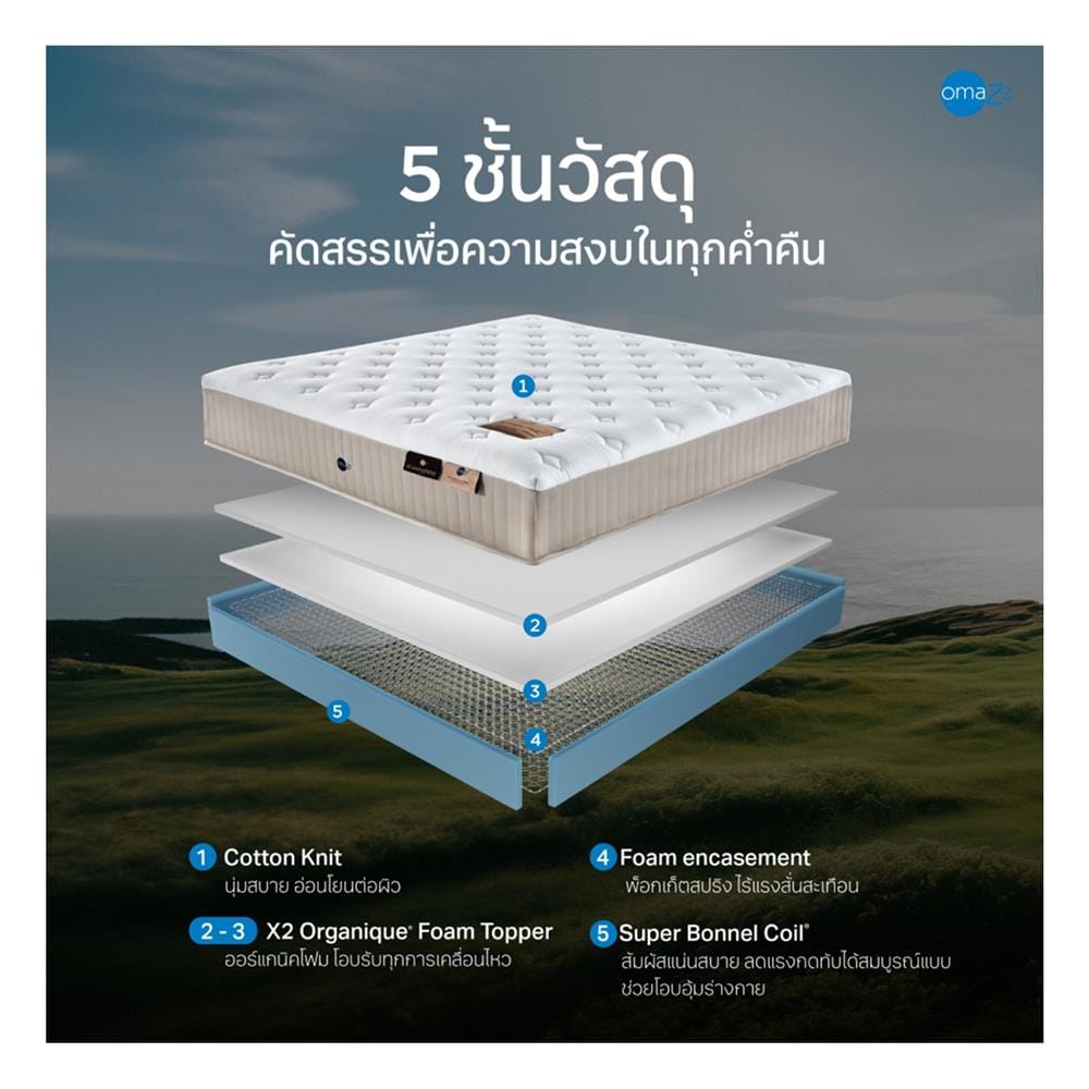 ที่นอนสปริง 5 ฟุต OMAZZ รุ่น ORGANIQUE PLUS พร้อมหมอนหนุน 2 ใบ)