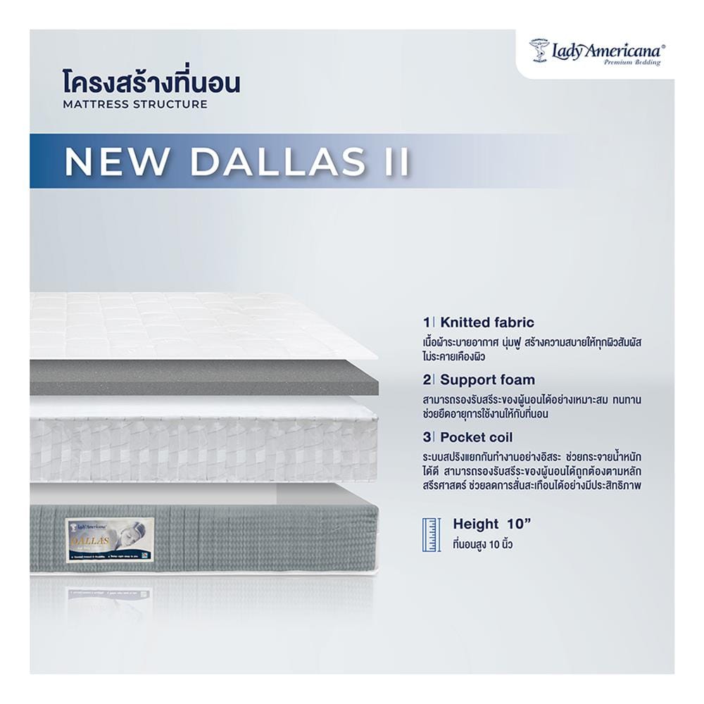 ที่นอนสปริง 6 ฟุต LADY AMERICANA รุ่น DALLAS พร้อมหมอนหนุน 2 ชิ้น