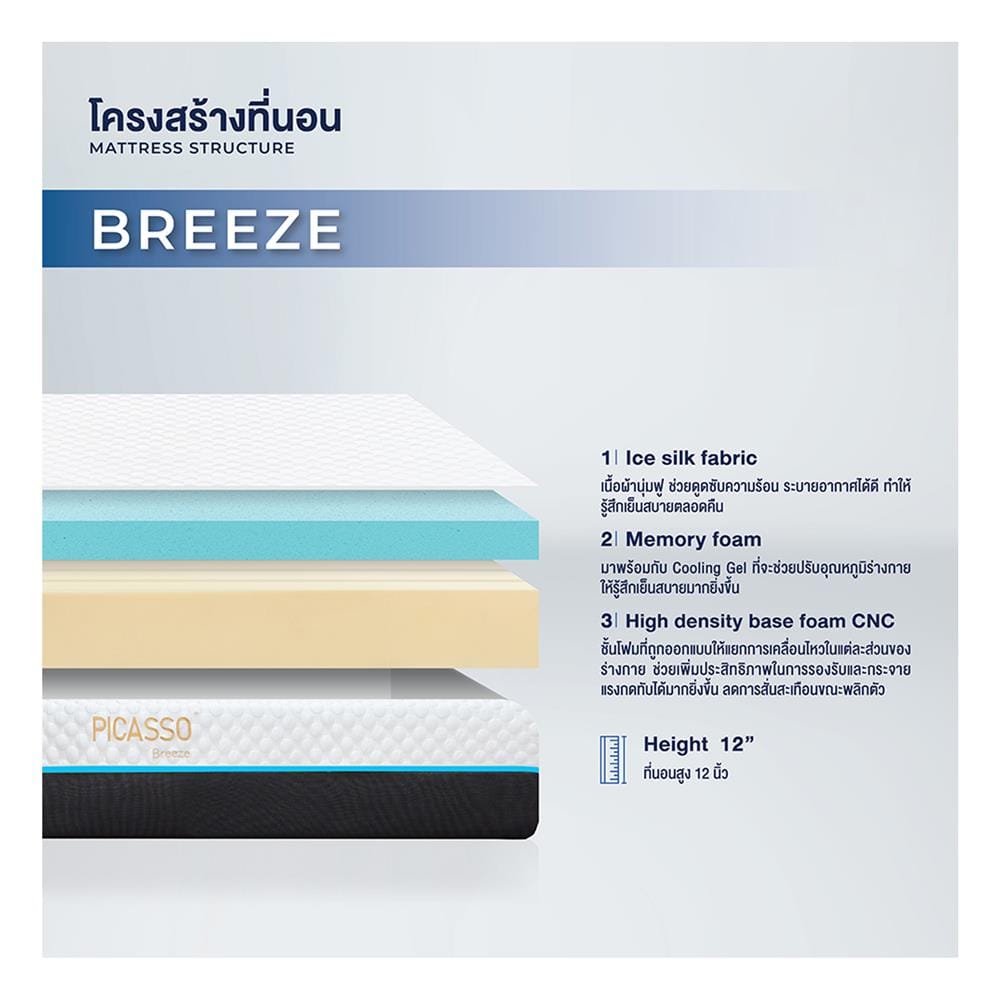 ที่นอนเมมโมรี่โฟม 5 ฟุต PICASSO COMFORT รุ่น BREEZE พร้อมชุดเครื่องนอน 11 ชิ้น