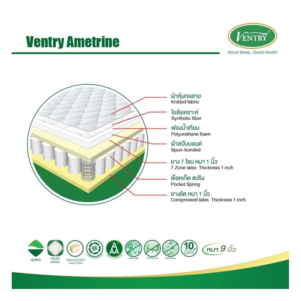 ที่นอนยางพารา 5 ฟุต VENTRY รุ่น AMETRINE พร้อมชุดเครื่องนอน 5 ชิ้น