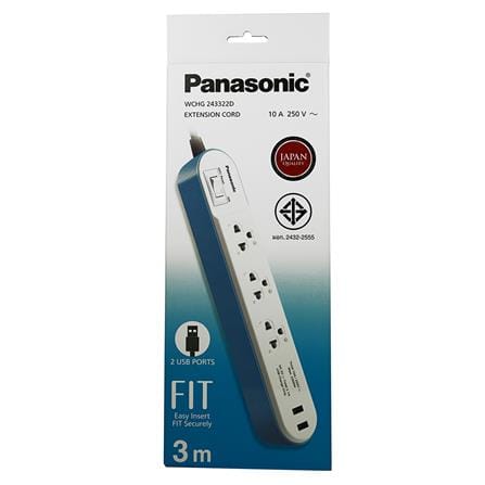 รางปลั๊กไฟ 3ช่อง 1สวิตซ์ 2USB PANASONIC 3 ม. สีฟ้า_2
