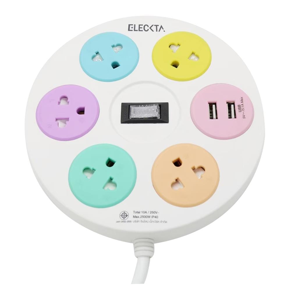 รางปลั๊กไฟ 5ช่อง 1สวิตซ์ 2USB ELECKTA RD-5121 3 ม.