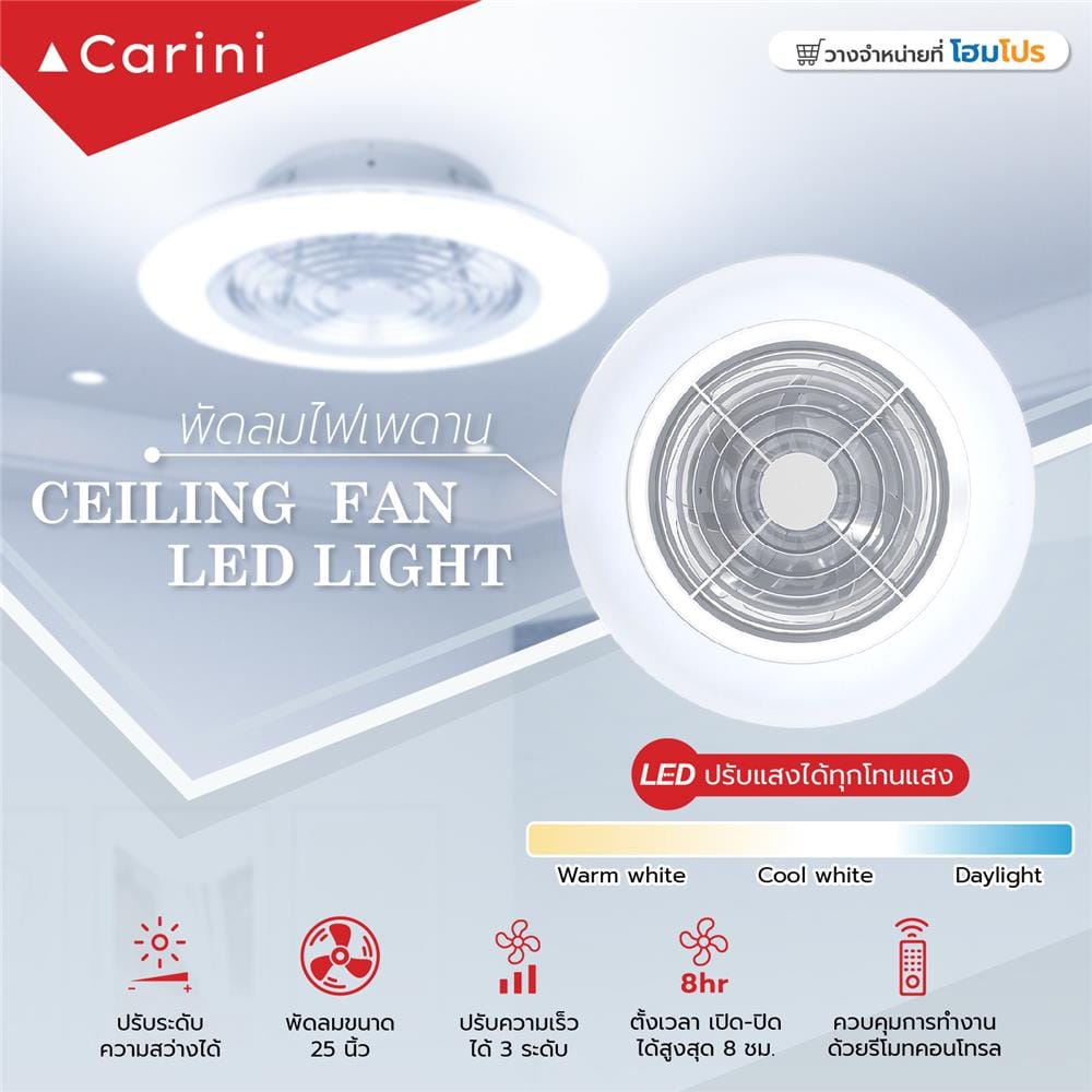 พัดลมไฟเพดาน LED CARINI TRY-NOVA105SV 60 วัตต์ COOLWHITE/DAYLIGHT/WARMWHITE สีเงิน 25 นิ้ว