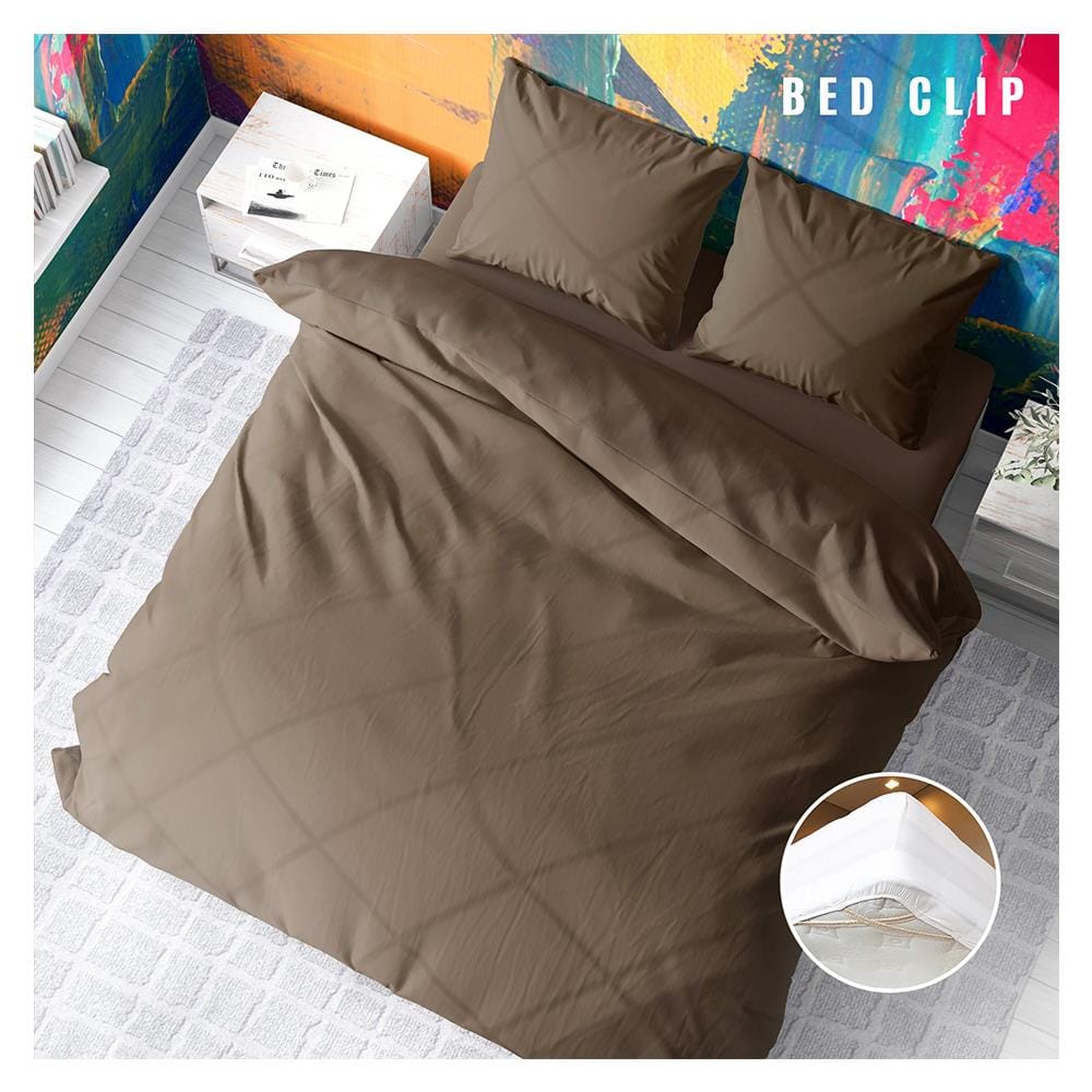 ชุดผ้าปูที่นอน 6 ฟุต 3 ชิ้น BED CLIP MICROTEX สีน้ำตาล