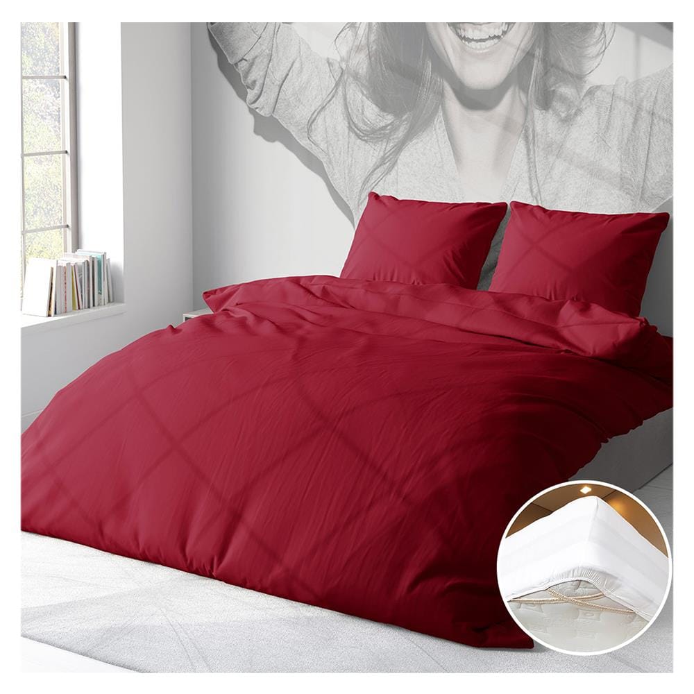 ชุดผ้าปูที่นอน 6 ฟุต 3 ชิ้น BED CLIP MICROTEX สีแดงอมชมพู