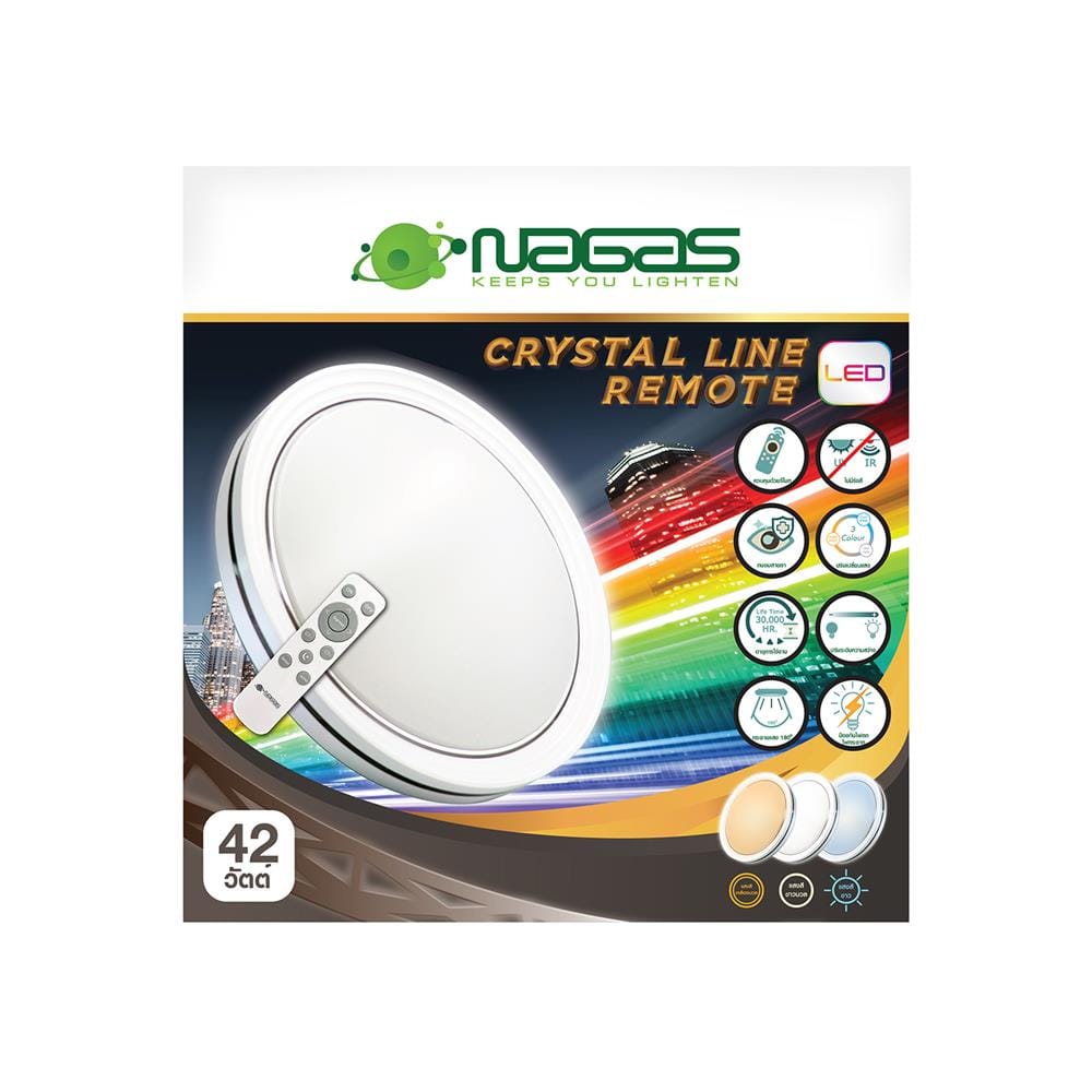 ไฟเพดาน LED NAGAS CRYSTAL LINE REMOTE 19.5 นิ้ว 42 วัตต์ DAYLIGHT/COOL WHITE/WARM WHITE สีขาว
