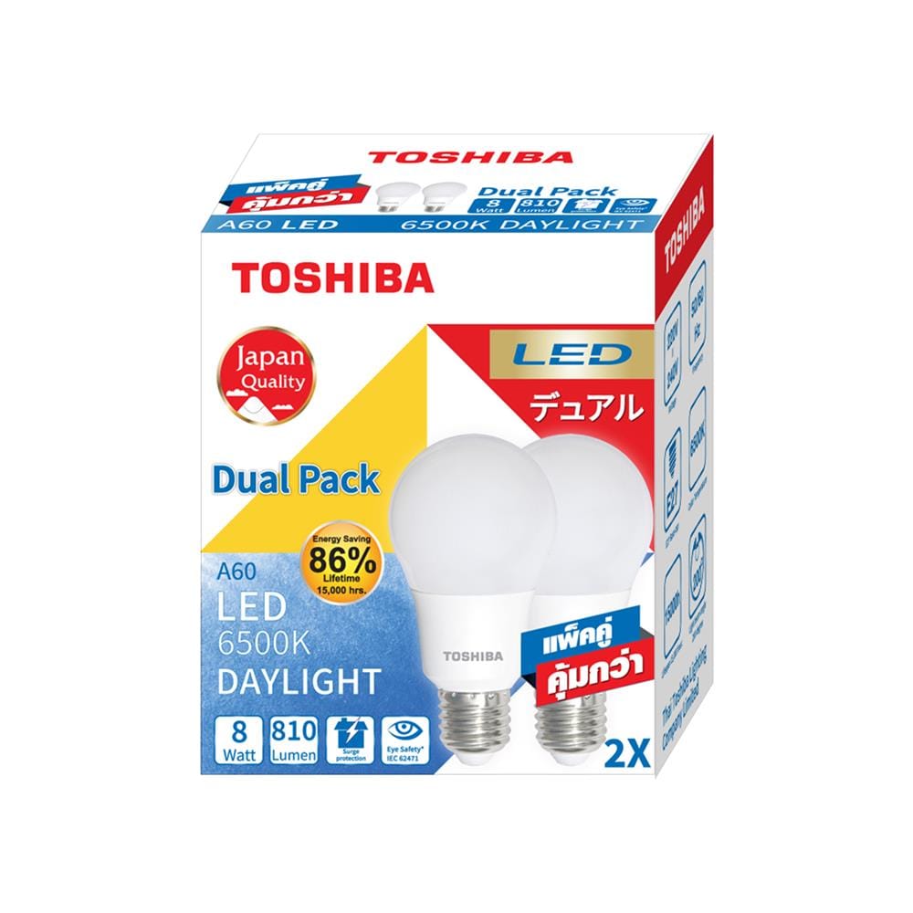 หลอด LED TOSHIBA A60 8 วัตต์ DAYLIGHT E27 แพ็ก 2 ชิ้น