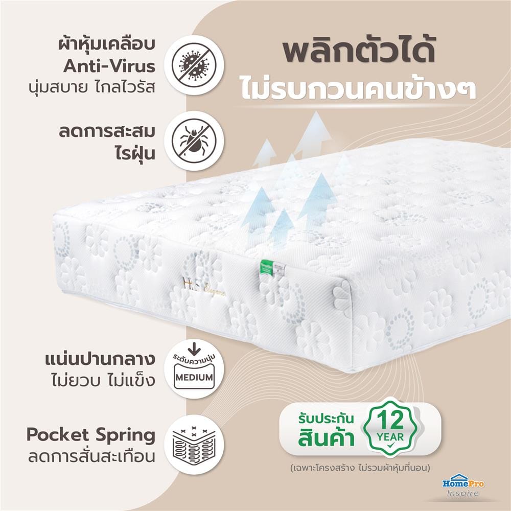 ที่นอนพ็อกเก็ตสปริง 3.5 ฟุต HOME LIVING STYLE รุ่น ELEGANCE