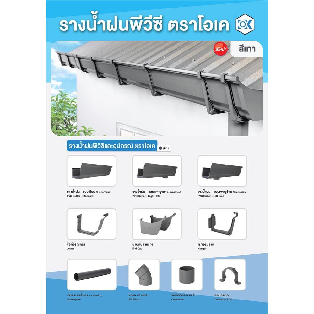 รางน้ำฝนพีวีซี แบบเรียบ โอเค 4 ม. สีเทา