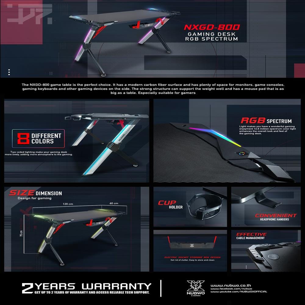 โต๊ะเกมมิ่ง NUBWO NXGD-800 RGB สีดำ